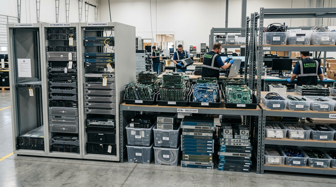Orderly e-waste facility with decommissioned enterprise servers and circuit boards